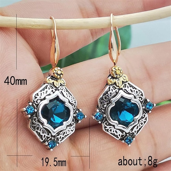 New Palace Blue Crystal Gold/Silver Tone Alloy Dangle Earrings Vintage Style - Picture 15 of 16